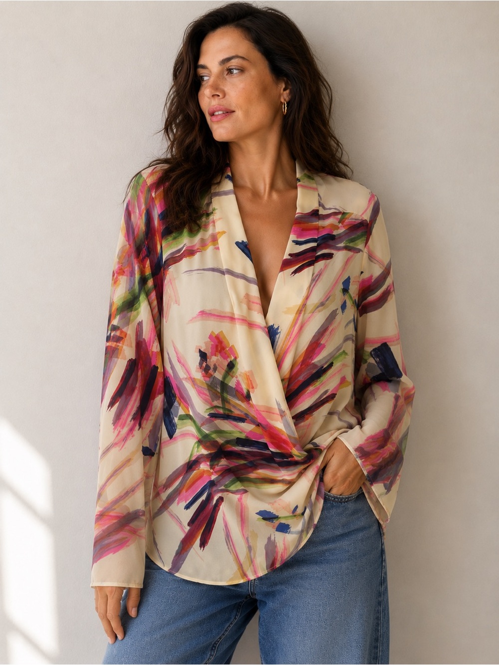 HD in Paris Anthropologie Abstract Watercolor Faux Wrap Blouse Size 8 Long Sleev